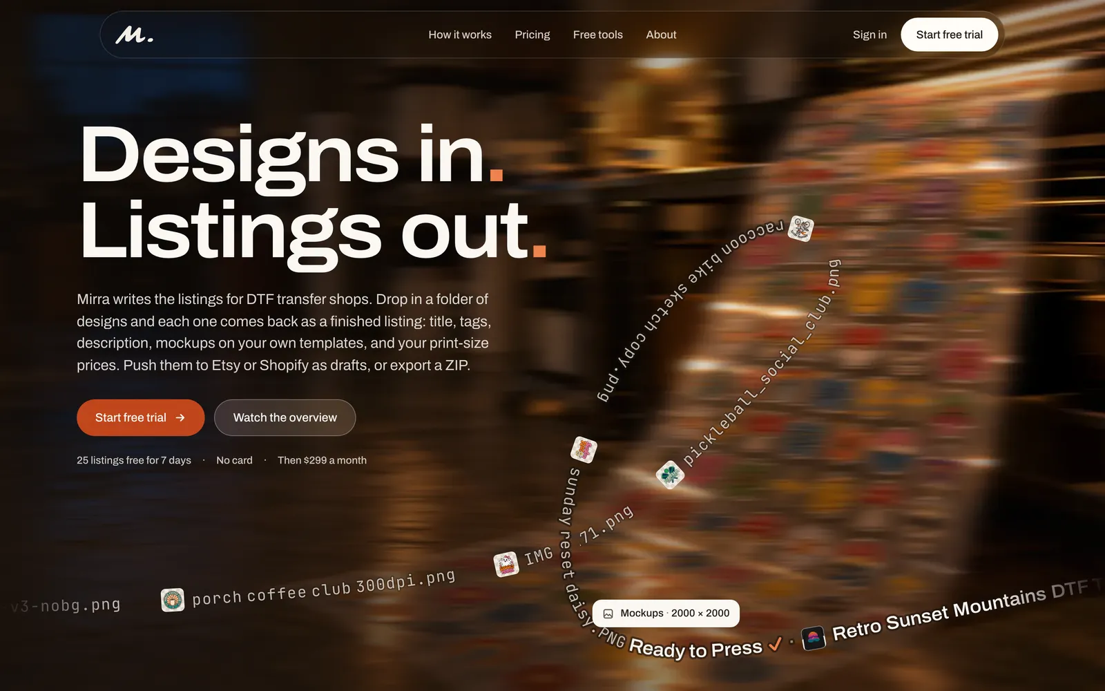 Mirra's home page, headlined Designs in. Listings out.