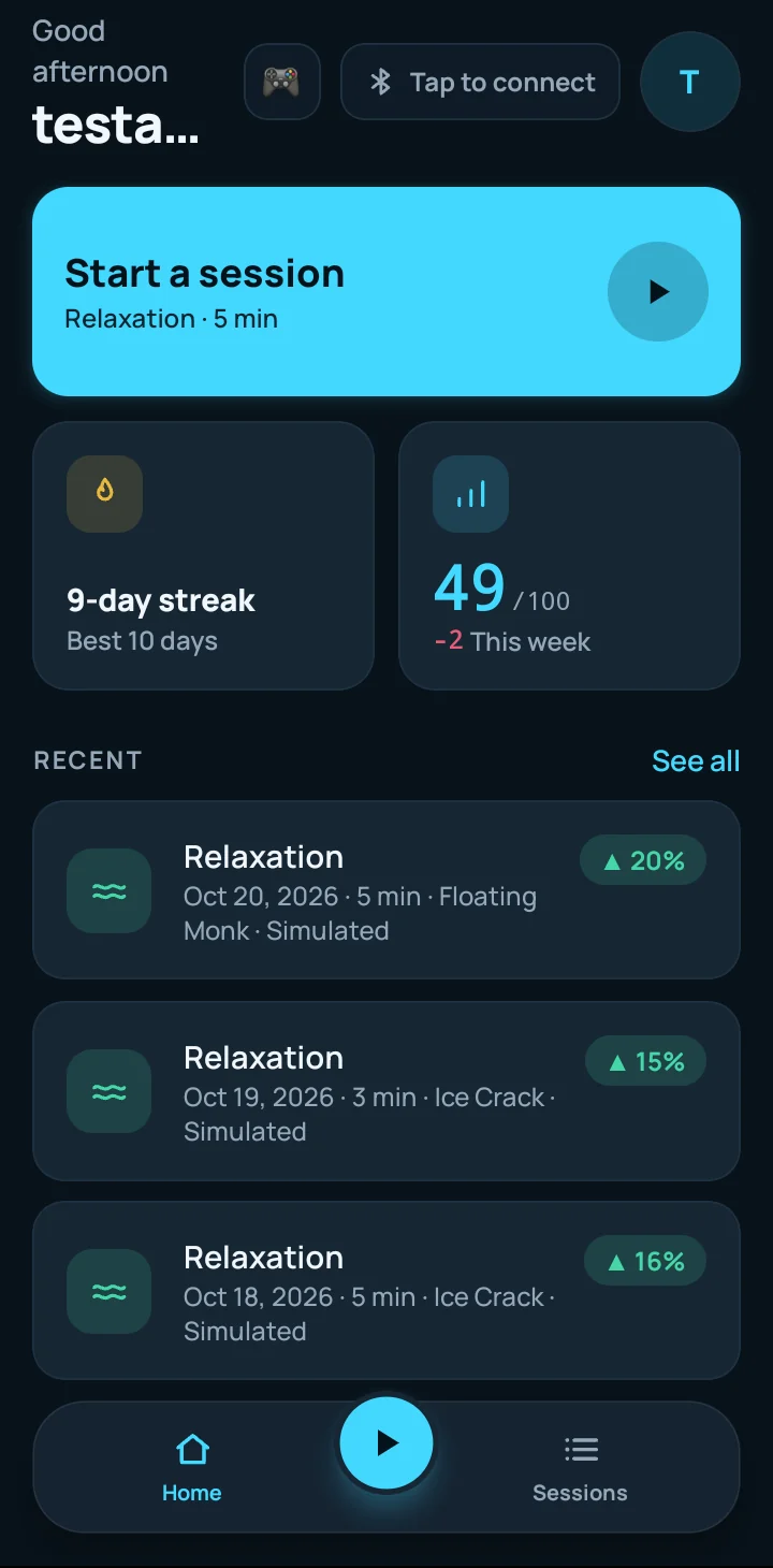 Neuron1 home screen with a start-session card, streak, weekly score, and recent sessions.