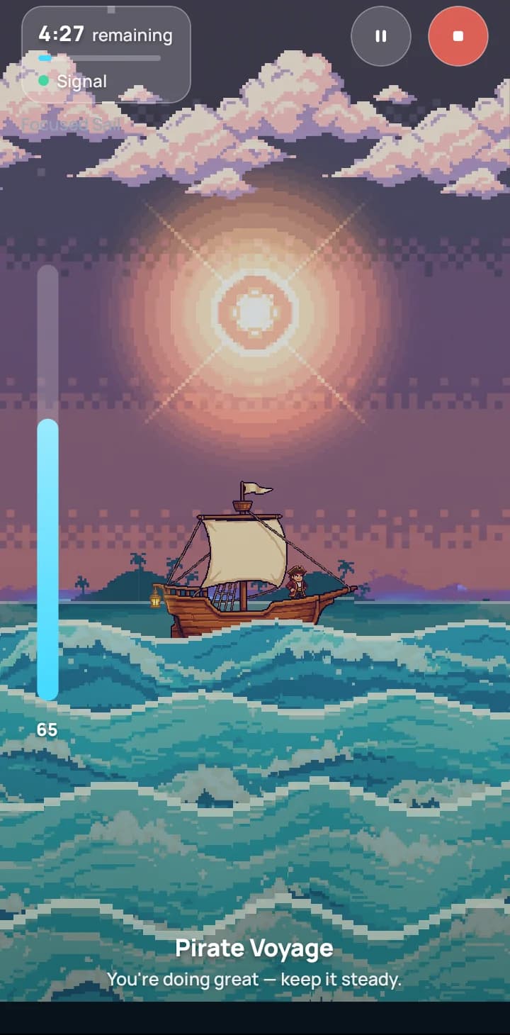 Pirate Voyage mid-session: the sea calms while focus holds, with the feedback meter on the left and time remaining at the top.