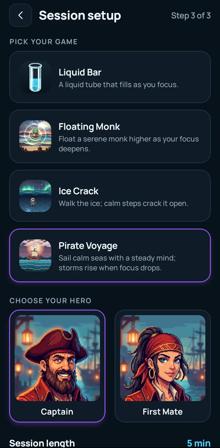 Session setup: pick one of four games and a hero before starting.