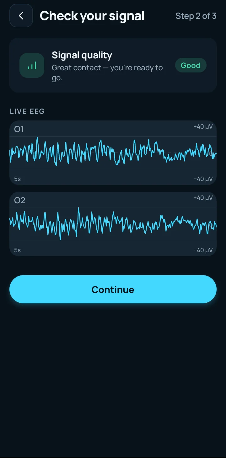 Signal check before a session, plotting two live EEG channels (captured with the app's built-in signal simulator).