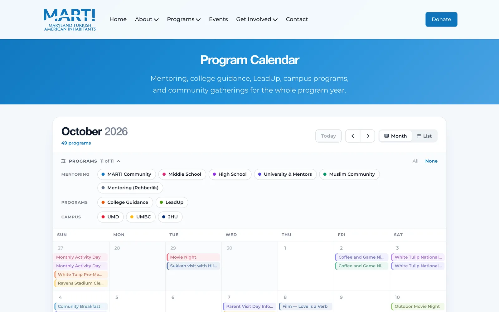 The MARTI program calendar in month view.
