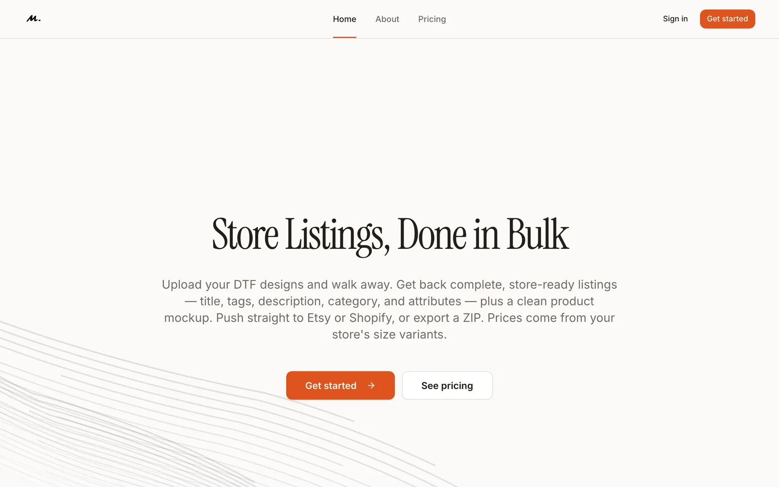 Mirra's home page, headlined Store Listings, Done in Bulk.