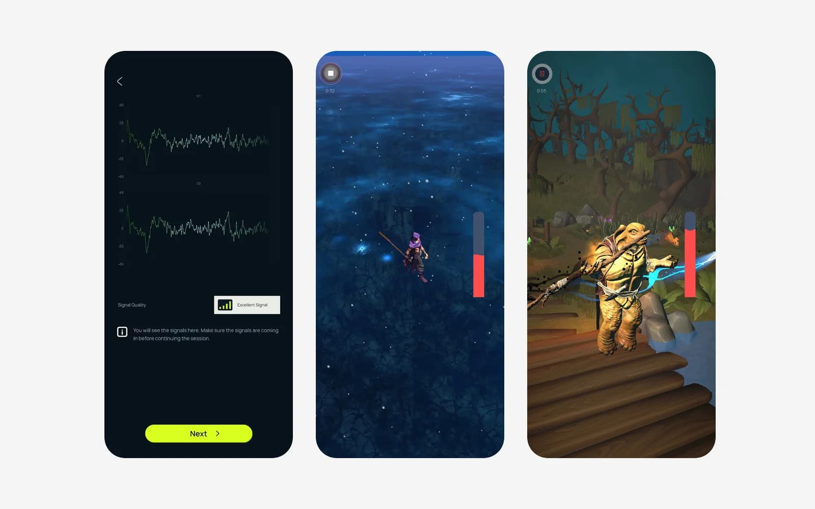 Three Neuron1 screens: the live signal check, a feedback game, and a second game.